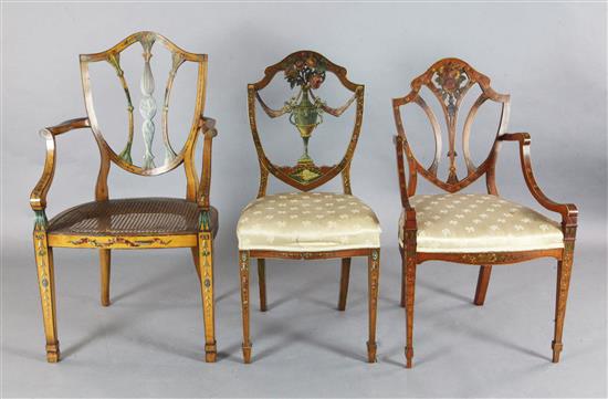 Three Sheraton revival painted satinwood salon chairs